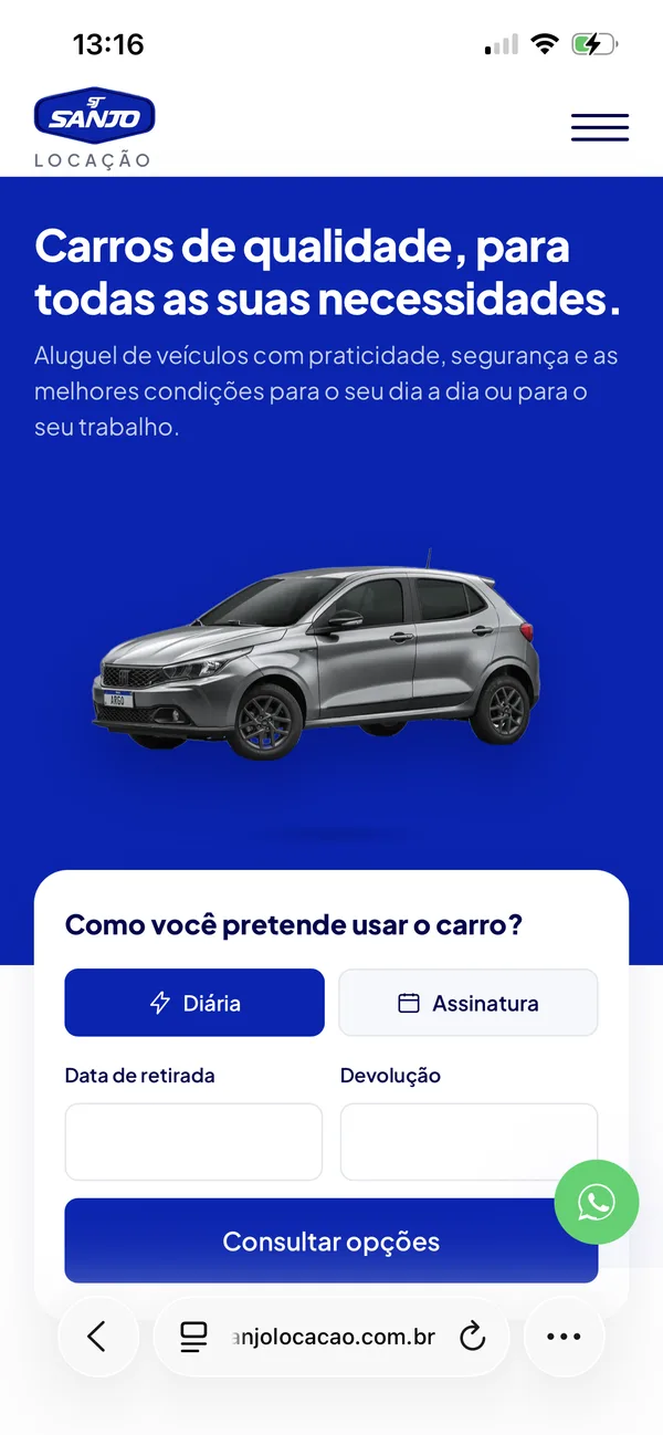 Tela inicial do site da Sanjo Locação no celular, com a escolha entre diária e assinatura e as datas de retirada e devolução